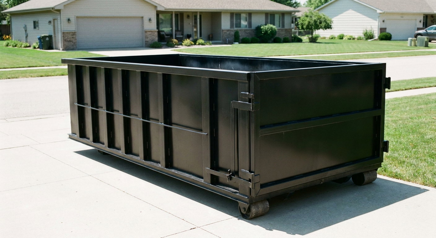 Matte-black 10-yard roll-off dumpster on a residential concrete driveway in Sterling Heights, uniformly painted matte black across every panel and rail, ribbed steel sidewalls and rear swing door visible, mid-day daylight.