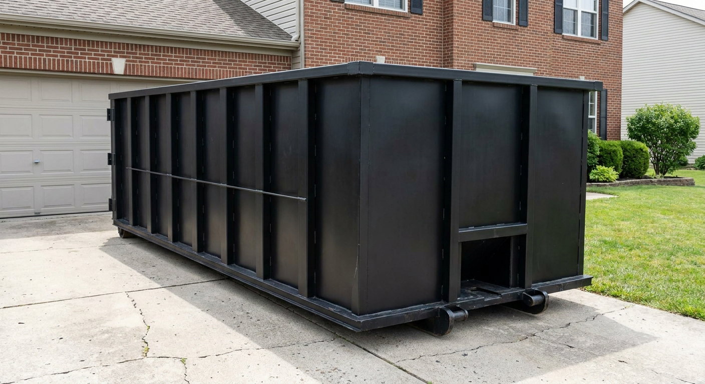 Matte-black 20-yard roll-off container on a Sterling Heights residential concrete driveway with reinforced ribbed steel sidewalls and a hinged rear walk-in door, clean bright daylight.