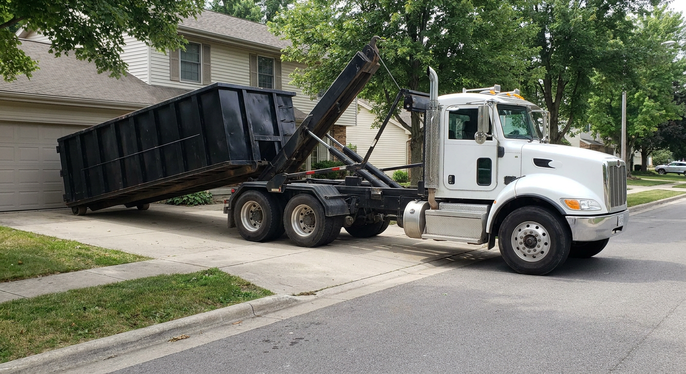 White-cab hooklift roll-off truck actively lowering a matte-black dumpster onto a Sterling Heights residential concrete driveway, the dumpster's rear wheels touching the driveway as the hoist arm tilts the bed forward, mid-morning daylight.