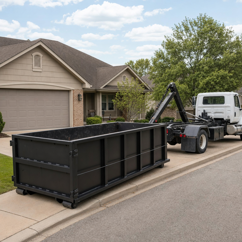 Wide documentary shot of a matte-black roll-off dumpster on a Sterling Heights residential driveway in the foreground and a contractor jobsite container in the soft-focus background, bright daylight, calm and orderly composition.