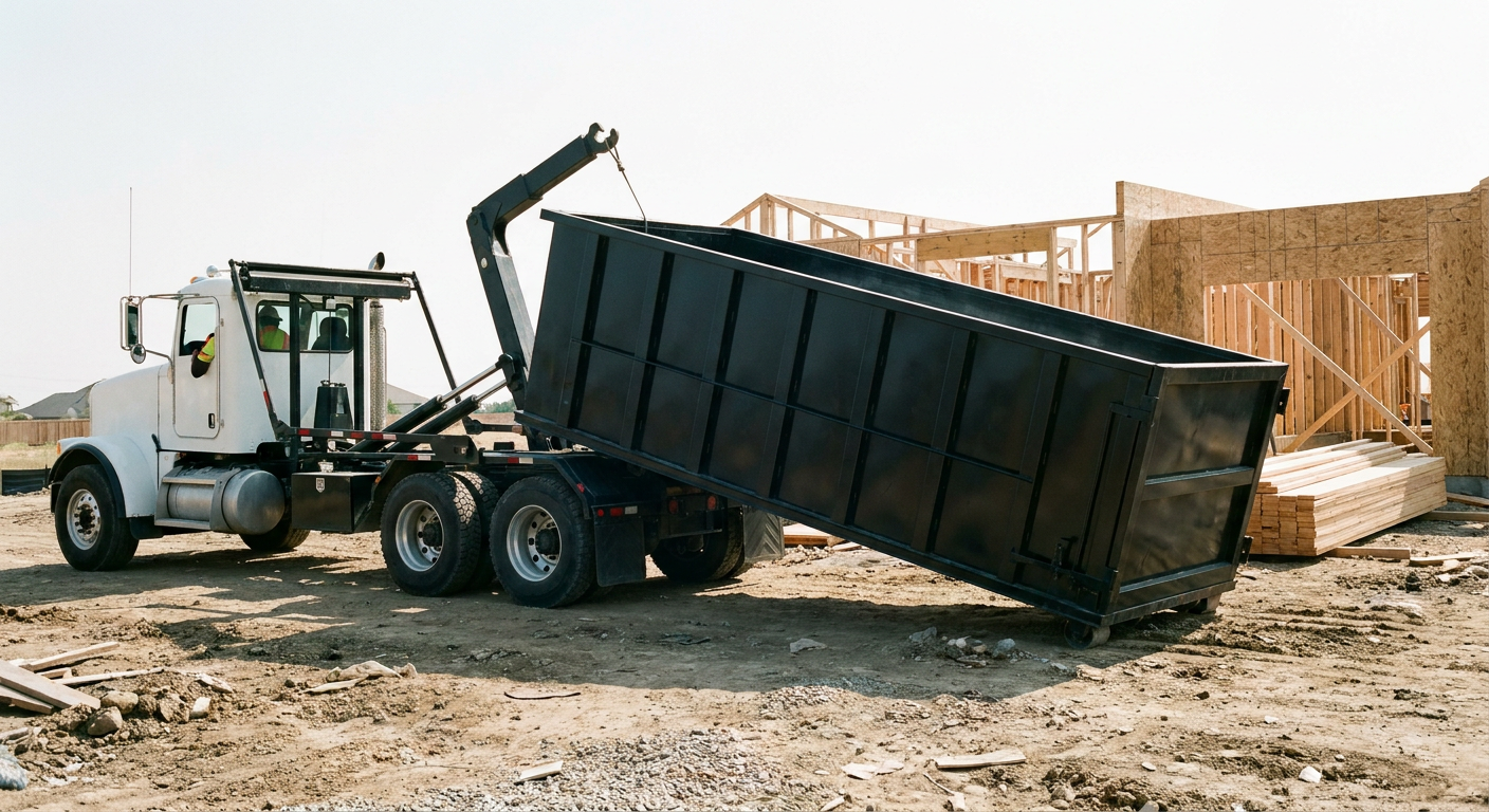 Matte-black roll-off dumpster being delivered onto a clean residential concrete driveway in Sterling Heights by an unmarked white hooklift hauler truck, bright morning daylight, documentary 35mm perspective.